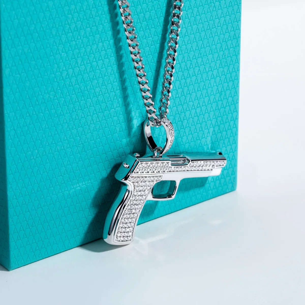 925 Sterling Silver Chain Necklace Men - FCGJHW Liontin Moissanite Berbentuk Pistol, Kalung
